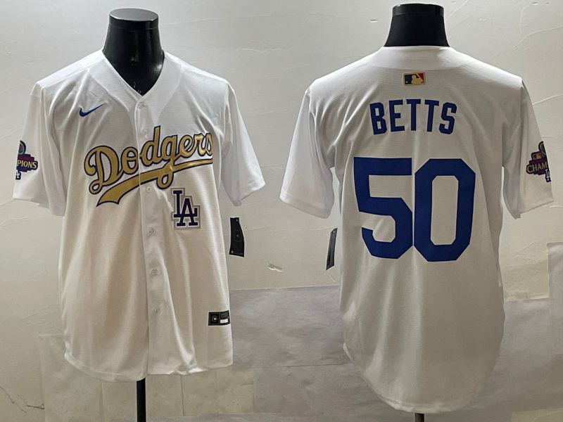 Men Los Angeles Dodgers 50 Betts White Champion gold character 2025 Nike MLB Jersey style 3319